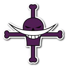 a purple sticker with an evil face and crossbones on the bottom, in front of a white background