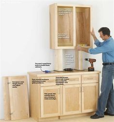 a man is working on some cabinets with tools and woodworking supplies around him that are labeled