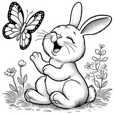 a cartoon bunny sitting in the grass with a butterfly on its back and it's mouth