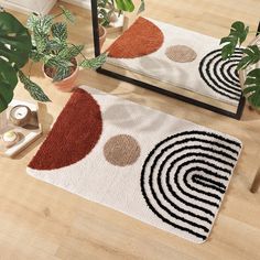 two rugs on the floor in front of a mirror with plants and potted houseplants