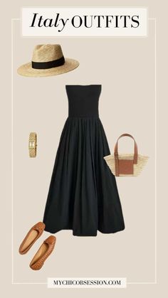 35 Italy Outfits That Are the Epitome of European Chic - MY CHIC OBSESSION Italy Capsule Wardrobe, Strapless Dress Outfit, Capsule Wardrobe Black, Travel Outfits Women, Italy Outfits Summer, Going To Italy, Thrift Store Clothes, European Travel Outfit, Italian Dresses