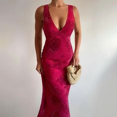 Silk V-neck Summer Cocktail Dress, Formal Long V-neck Dress For Spring, Chic Long V-neck Formal Dress, Fitted Silk V-neck Dress For Date Night, Elegant Silk V-neck Midi Dress, Silk V-neck Maxi Dress For Date Night, Silk V-neck Dress For Party, Long V-neck Dress For Summer Formal Events, Silk Floral Print Midi Dress For Evening