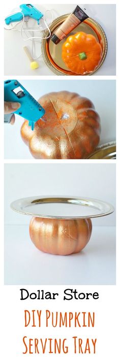 the dollar store diy pumpkin serving tray is made out of copper foil and plastic scissors