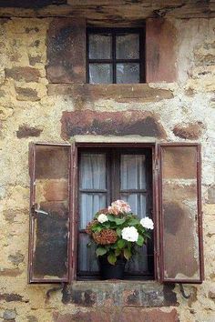 a window with flowers in it on the side of a building