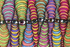 an art work with multiple colored circles and eyeballs in the shape of different colors