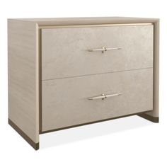 a white and beige dresser with two drawers on it's sides, against a white background