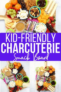 the kid friendly charcuterie snack board is full of fresh fruit, cheese and crackers