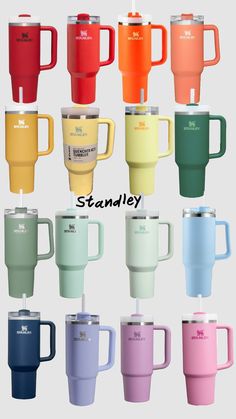 many different colored coffee mugs are shown in this image with the names stanley on them