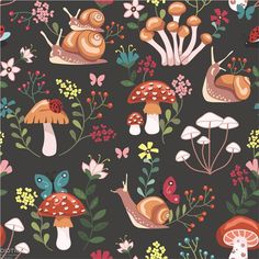 a pattern with snails and flowers on a black background