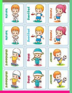 a set of cartoon children playing different sports games, including soccer and running with the ball