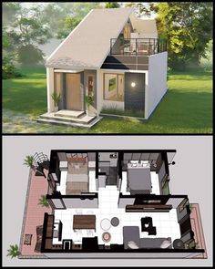 two different views of a small house in the middle and on the top, there is an open floor plan that shows what it would look like to be