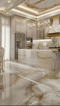 an elegant kitchen with marble floors and gold accents