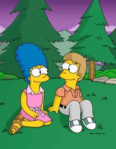 the simpsons is talking to each other in front of some trees and bushes, with one person sitting on the ground