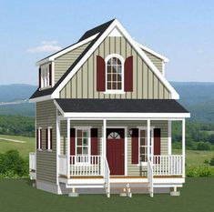 a small house with red shutters on the front and second story, in a grassy area