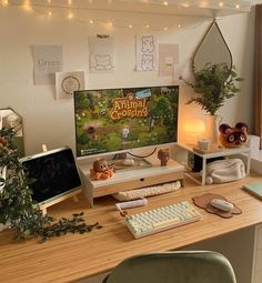 a desk with a computer monitor and keyboard on it