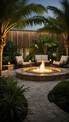 an outdoor fire pit surrounded by palm trees