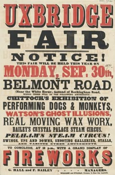 an old poster for the uxbridge fair in new york city, with instructions on how to use it