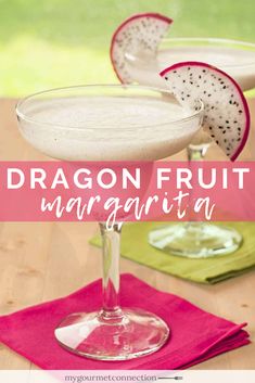 dragon fruit margarita is garnished with kiwis and served in coupe glasses