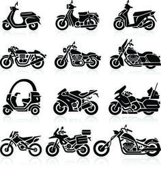 different types of motorcycles and scooters are shown in black on a white background