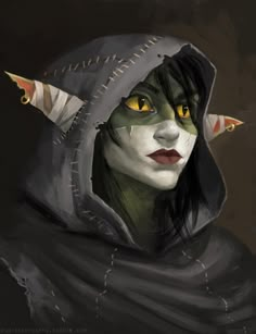 a painting of a woman with horns on her head wearing a hoodie and yellow eyes