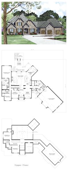 the floor plan for this house is shown in two separate sections, one with an attached garage