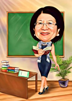 a caricature of a woman standing in front of a blackboard with books