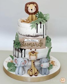 a three tiered cake decorated with animals and the words temardo on it