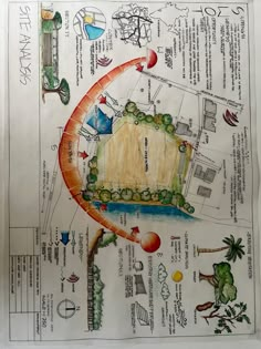 a drawing of a plan for a park with lots of trees and other things on it