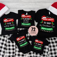 "Looking for a fun and festive way to make your family Christmas gatherings extra special this year? Our \"Most Likely To\" Christmas shirts are the perfect choice! Whether you're gathering with loved ones for a cozy holiday dinner, a spirited gift exchange, or a festive photo session, these shirts will add a touch of humor and personality to your celebrations. Perfect for infants-adults. Available in t-shirts, long-sleeves, and sweatshirts. PERSONALIZATION: You can personalize this shirt with the name/message within the green ribbon. Additionally, you can select the \"most likely to\" message. ------*ADULT T-SHIRTS (UNISEX)*------ SIZE CHART: Small: 34″ to 37″ chest 27 1/2″ length Medium: 38″ to 41″ chest 28 1/2″ length Large: 42″ to 45″ chest 29 1/2″ length XL: 46″ to 49″ chest 30 1/2″ l Matching Pajamas For Family Christmas, Cheap Family Christmas T-shirt, Diy Christmas Pajamas Family, Christmas Family Pajamas Ideas, Couples Christmas Pajamas, Most Likely To Christmas Shirts, Family Pajamas Christmas, Family Christmas Pjs, Flannel Pjs