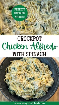 crockpot chicken alfredo with spinach in a skillet on a wooden table