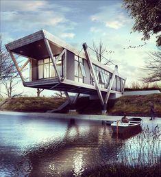 an artist's rendering of a house on stilts by the water with a boat