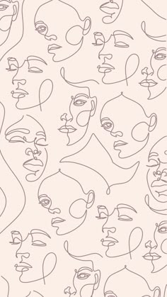 a drawing of many different faces on a pink background with lines in the shape of people's heads