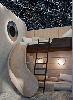 a room with a slide and bunk bed in it