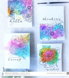 three cards with watercolor flowers and the words, thinking is love written on them