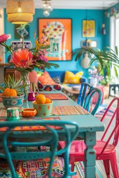 a colorful dining room with bright colored chairs