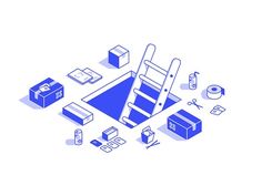 a blue and white illustration of a ladder, boxes, scissors, toiletries and other items