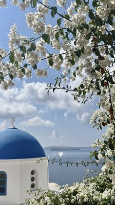 a white and blue building with flowers in the foreground, and water in the background