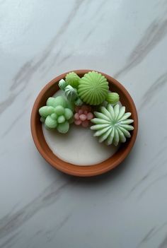 small green plants in a clay pot on a marble countertop, with white veining