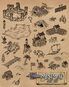 a bunch of drawings that are on top of a piece of paper with the words,'minimap art kit '