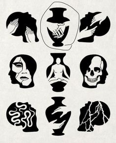 various black and white silhouettes of vases with faces on them, all in different shapes