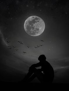 a man sitting on the ground in front of a full moon with birds flying overhead