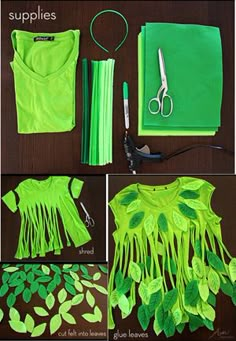 the instructions for making neon green leafy t - shirts with scissors and other items