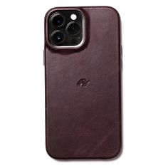 the back of an iphone 11 case in dark brown leather with two cameras on it