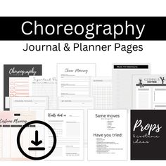 an image of a planner page with the text,'choregraphy journal and planner pages '