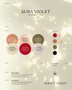 an advertisement for aura violett cosmetics with different colors and names on it's side