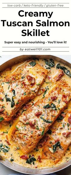 creamy tuscann salmon skillet recipe with text overlay