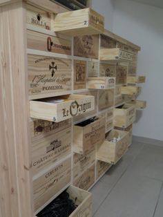 several wooden crates stacked on top of each other