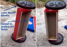 two pictures showing how to make a diy lawn mower wheel cart with wheels