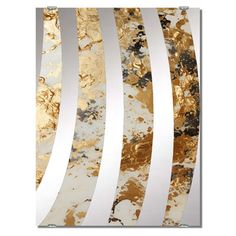 an abstract painting with gold, silver and white stripes on the bottom half of it