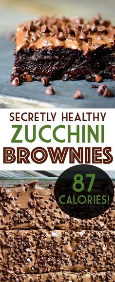 chocolate brownies with nuts on top and the title reads secret healthy zucchini brownies